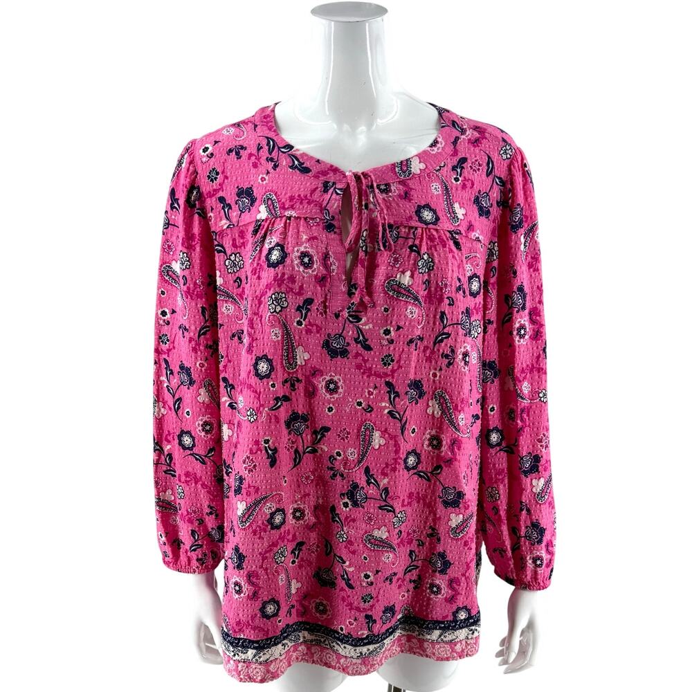 Lane Bryant Womens Top Plus Size 18 Pink Navy Blue Floral Tie Neck Boho Blouse